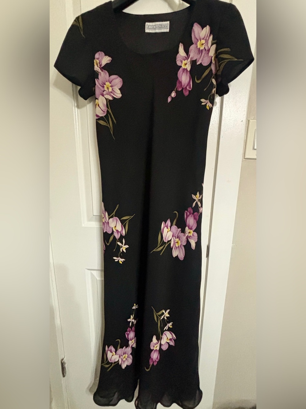 Vintage Jessica Howard Black Floral Maxi Dress Purple Orchid Print Size M or L